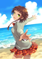 Rule 34 | 1girl, bad id, bad pixiv id, beach, blue sky, braid, brown hair, circle skirt, cloud, day, foreshortening, from side, green eyes, nardack, ocean, open mouth, original, outdoors, outstretched arms, outstretched hand, perspective, plaid, plaid skirt, short hair, skirt, sky, solo, spread arms