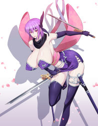 Rule 34 | 1girl, absurdres, ayane (doa), bow, breasts, cleavage, dead or alive, dual wielding, fingerless gloves, gloves, headband, highres, holding, huge breasts, large bow, lipstick, makeup, ninja, ninja gaiden, open mouth, purple hair, scarf, short hair, sleeveless, static808wave, sword, thighhighs, wakizashi, weapon