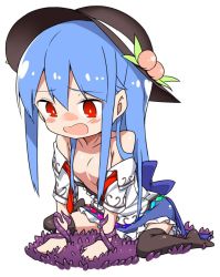 Rule 34 | 1girl, arm support, bare shoulders, black headwear, black thighhighs, blue hair, blue skirt, blush, chibi, collarbone, food, fruit, hair between eyes, hair censor, hinanawi tenshi, leaf, long hair, miniskirt, neropaso, no shoes, off shoulder, open clothes, open mouth, open shirt, peach, petticoat, red eyes, shirt, short sleeves, sidelocks, simple background, sitting, skirt, solo, tentacles, thighhighs, touhou, very long hair, wariza, white background, white shirt, zettai ryouiki