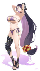 1girl absurdres arm_guards armlet armor armpits bare_shoulders beads bikini blush breasts choker cleavage collarbone eyepatch_bikini fate/grand_order fate_(series) full_body greaves high_heels highres jewelry kurozawa_yui large_breasts long_hair looking_at_viewer minamoto_no_raikou_(fate) minamoto_no_raikou_(fate/grand_order) minamoto_no_raikou_(swimsuit_lancer)_(fate) minamoto_no_raikou_(swimsuit_lancer)_(third_ascension)_(fate) navel parted_bangs purple_bikini purple_eyes purple_hair single_greave smile solo swimsuit very_long_hair