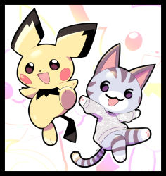 Rule 34 | :d, artsy-rc, black border, border, cat, commentary, creatures (company), crossover, animal crossing, english commentary, game freak, gen 2 pokemon, highres, lolly (animal crossing), looking at viewer, nintendo, no humans, open mouth, pichu, pokemon, pokemon (creature), smile, standing, standing on one leg