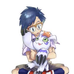 Rule 34 | blue hair, digimon, digimon (creature), digimon adventure, glasses, gomamon, green eyes, highres, kido jo, looking at another, tagme
