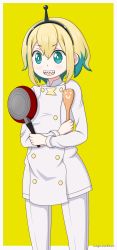 Rule 34 | 1girl, :d, amano pikamee, black hairband, blonde hair, chef, commentary, crossed arms, english commentary, frying pan, green eyes, green hair, hairband, highres, holding, jacket, lagunazero, long sleeves, looking away, multicolored hair, open mouth, pants, sharp teeth, short hair, signature, smile, solo, spatula, standing, teeth, tomoe (amano pikamee), two-tone background, two-tone hair, virtual youtuber, voms, white background, white jacket, white pants, yellow background