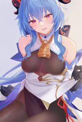 Rule 34 | 1girl, ahoge, bare shoulders, bell, black gloves, black leotard, blue hair, blush, bodystocking, bodysuit, bow, breasts, brown pantyhose, chinese knot, clothes lift, cover, cover page, detached sleeves, doujin cover, flower knot, ganyu (genshin impact), genshin impact, gloves, groin, highres, horns, leotard, leotard under clothes, lifted by self, long hair, looking at viewer, medium breasts, neck bell, pantyhose, parted lips, pelvic curtain, pelvic curtain lift, purple eyes, sidelocks, sitting, smile, solo, tetora (yumejihuka), thighs, white sleeves