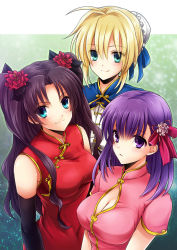 Rule 34 | 3girls, ahoge, alternate costume, artoria pendragon (all), artoria pendragon (fate), bad id, bad pixiv id, blonde hair, blue eyes, braid, breasts, bun cover, china dress, chinese clothes, cleavage, cleavage cutout, clothing cutout, detached sleeves, dress, fate/stay night, fate (series), flower, green eyes, hair bun, hair flower, hair ornament, hair ribbon, large breasts, long hair, matou sakura, medium breasts, multiple girls, purple eyes, purple hair, quipao, ribbon, saber (fate), single hair bun, tohsaka rin, two side up, ty 1865