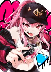 Rule 34 | 1girl, baseball cap, black hat, breasts, cleavage, crop top, earrings, hat, highres, holding, holding microphone, hololive, hololive english, jacket, jewelry, medium breasts, microphone, midriff, mori calliope, mori calliope (streetwear), navel, necklace, nez n, official alternate costume, official alternate hairstyle, open clothes, open jacket, open mouth, pink eyes, pink hair, ponytail, red eyes, red jacket, see-through, see-through cleavage, solo, tank top, tongue, tongue out, virtual youtuber, white tank top