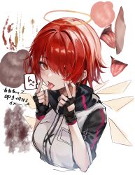 Rule 34 | 1girl, arknights, black gloves, exusiai (arknights), fingerless gloves, gloves, hair over one eye, halo, highres, looking at viewer, open mouth, orange eyes, red hair, short hair, solo, suujiniku, tongue, tongue out, translation request, upper body, wings