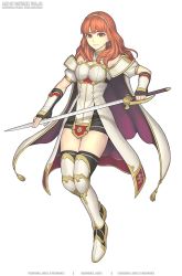 Rule 34 | 1girl, breasts, cape, celica (fire emblem), fire emblem, fire emblem echoes: shadows of valentia, fire emblem heroes, gofelem, headband, holding, holding sword, holding weapon, looking at viewer, nintendo, red eyes, red hair, skindentation, small breasts, solo, sword, thighhighs, weapon, white background