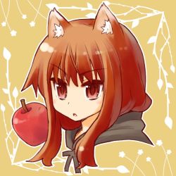 Rule 34 | 00s, 1girl, animal ears, apple, brown hair, female focus, food, fruit, halo (artist), holo, long hair, portrait, red eyes, solo, spice and wolf, wolf ears