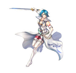 Rule 34 | 1girl, blue eyes, blue hair, boots, breasts, cleavage, elbow gloves, fingerless gloves, fire emblem, fire emblem: radiant dawn, fire emblem heroes, gloves, hair over one eye, jewelry, leggings, lucia (fire emblem), medium breasts, necklace, nintendo, short hair, solo, sword, thigh boots, waistcoat, weapon, white footwear