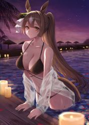 Rule 34 | 1girl, absurdres, animal ears, bare shoulders, bikini, black bikini, black nails, bow, breasts, brown hair, candle, cleavage, collarbone, ear ornament, ear ribbon, highres, hitomin (ksws7544), horse ears, horse girl, horse tail, large breasts, long hair, looking at viewer, nail polish, navel, outdoors, palm tree, ponytail, pool, satono diamond (umamusume), see-through, smile, solo, swimsuit, tail, tree, umamusume, wading, water, wet, wet clothes, yellow eyes