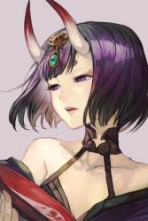Rule 34 | 1girl, alcohol, cup, fate/grand order, fate (series), grey background, horns, hungry clicker, looking to the side, oni, open mouth, portrait, purple eyes, purple hair, sakazuki, sake, short hair, shuten douji (fate), skin-covered horns, solo, thick eyebrows