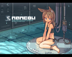 Rule 34 | 1girl, android, animal ears, anklet, barefoot, bikini, blue eyes, brown hair, cable, cable tail, cat ears, english text, engrish text, jewelry, jitome, letterboxed, long hair, mechanical tail, nancou (nankou), original, ranguage, side-tie bikini bottom, sitting, solo, sports bra, swimsuit, tail, tankini, usb, wariza, water, wet