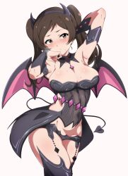 Rule 34 | 1girl, armpits, arms up, bikini, black bikini, black footwear, blush, boots, breasts, brown hair, cleavage, demon horns, demon tail, demon wings, detached collar, fingernails, full-face blush, groin, highres, horns, idolmaster, idolmaster million live!, idolmaster starlit season, kitazawa shiho, large breasts, looking at viewer, midriff, nail polish, rqm55, simple background, solo, steam, sweatdrop, swimsuit, tail, thigh boots, twintails, wings
