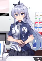 Rule 34 | 1boy, 1girl, alternate costume, azur lane, bad id, bad pixiv id, barcode scanner, blue eyes, blue shirt, blush, braid, breasts, cash register, cigarette pack, collared shirt, convenience store, employee uniform, french braid, hand grab, highres, id card, large breasts, lawson, light purple hair, long hair, microwave, name tag, nonon (xenonbot), pleated skirt, purple eyes, rodney (azur lane), rodney (one day as a trainee clerk) (azur lane), shirt, shop, short sleeves, side ponytail, skirt, smile, sparkle, striped clothes, striped shirt, uniform, vertical-striped clothes, vertical-striped shirt, very long hair