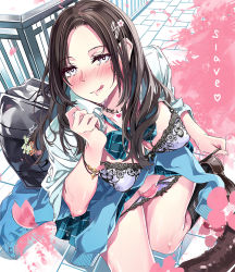 Rule 34 | 1girl, :q, bad id, bad pixiv id, bag, black hair, black socks, blush, bra, bracelet, breasts, cleavage, clothes around waist, floral print, hair ornament, hairclip, jewelry, kneehighs, loafers, long hair, looking at viewer, neck ribbon, necklace, original, panties, petals, ribbon, school bag, school uniform, shoes, skirt, smile, socks, solo, tongue, tongue out, underwear, white bra, white eyes, white panties, yasuno (airy light)