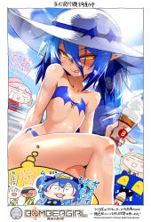 Rule 34 | 3girls, bikini, blue bikini, blue hair, blush, bombergirl, bombergirl573, breasts, brown eyes, cleavage, closed mouth, crossed legs, eyeshadow, food, hair between eyes, hat, highres, ice cream, lewisia aquablue, long hair, looking at viewer, makeup, multiple girls, pointy ears, red eyeshadow, revealing clothes, shiny skin, small breasts, smile, sun hat, swimsuit, tan, tongue, tongue out, white headwear