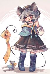 Rule 34 | 1girl, ahoge, animal ears, bare shoulders, beret, black hat, black skirt, blue capelet, blue footwear, boots, capelet, cheese, commentary request, food, frilled skirt, frills, full body, hand up, hat, highres, jewelry, long sleeves, looking at viewer, mame komari, medium hair, mouse (animal), mouse ears, mouse tail, nazrin, open mouth, pendant, red eyes, ribbon, shirt, shy, skirt, solo, suspender skirt, suspenders, sweatdrop, tail, tail ornament, tail ribbon, touhou, twirling hair, white shirt, yellow ribbon