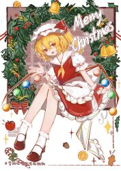 Rule 34 | 1girl, absurdres, apron, bell, blonde hair, blush, cane, christmas, christmas ornaments, collared shirt, flandre scarlet, frilled apron, frilled skirt, frills, full body, hair between eyes, hat, highres, huangyou, long hair, looking at viewer, merry christmas, mob cap, one side up, open mouth, pointy ears, red eyes, red footwear, red skirt, red vest, shirt, shoes, short sleeves, skirt, smile, socks, solo, touhou, vest, white apron, white hat, white shirt, white socks, wings