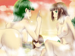 Rule 34 | 3girls, bath, breasts, green hair, highres, ichimedoo, multiple girls, nude, water