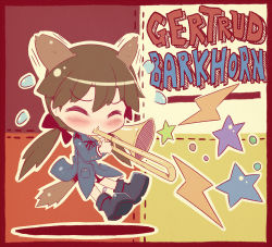 Rule 34 | 1girl, animal ears, brown hair, chibi, dog ears, gertrud barkhorn, highres, instrument, long hair, military, military uniform, playing, pun, solo, strike witches, takahero, trombone, twintails, uniform, world witches series