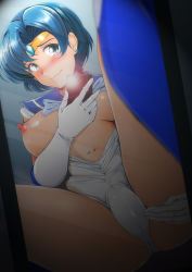 Rule 34 | 1girl, bishoujo senshi sailor moon, blue bow, blue eyes, blue hair, blush, boots, bow, breasts, breasts out, cameltoe, cellphone, cleft of venus, gloves, highres, large breasts, leotard, looking at viewer, mirror, mizuno ami, nanashi noiji, navel, nipples, phone, sailor collar, sailor mercury, selfie, short hair, skin tight, smartphone, smile, solo