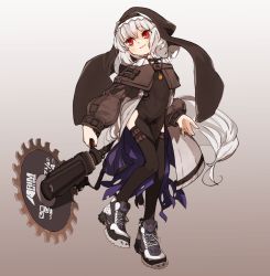 Rule 34 | 1girl, amonitto, arknights, black thighhighs, blush, chain necklace, circular saw, clothing cutout, fingernails, flat chest, full body, grey hair, habit, holding, holding weapon, jewelry, long sleeves, nail polish, necklace, pelvic curtain, puffy long sleeves, puffy sleeves, purple nails, red eyes, saw, shoes, short hair, slit pupils, sneakers, solo, specter (arknights), tail, thigh cutout, thigh strap, thighhighs, weapon