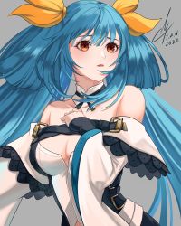 Rule 34 | 1girl, absurdres, artist name, bare shoulders, belt, blue hair, breasts, choker, cleavage, commentary, dated, detached collar, detached sleeves, dizzy (guilty gear), english commentary, grey background, guilty gear, guilty gear xrd, hair between eyes, hair ornament, hair ribbon, hair rings, hand on own chest, highres, i a n, large breasts, long hair, no wings, open mouth, parted lips, red eyes, ribbon, sidelocks, signature, simple background, solo, twintails, upper body, wide sleeves, yellow ribbon