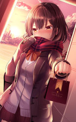 Rule 34 | 1girl, absurdres, averting eyes, bag, black hair, black jacket, black skirt, blush, brown eyes, building, cardigan, commentary, covered mouth, doorway, dutch angle, embarrassed, evening, grey cardigan, hair ornament, hairclip, haruka natsuki, highres, holding, jacket, long sleeves, original, pleated skirt, red neckwear, red scarf, scarf, school bag, school uniform, shirt, skirt, sky, sunset, track and field, tree, uniform, valentine, white shirt