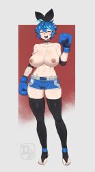 Rule 34 | 1girl, ahoge, artist logo, black choker, black ribbon, black thighhighs, blue gloves, blue hair, blue nails, boxing gloves, breasts, character name, choker, closed eyes, collarbone, commentary, commission, dif (difman), difman, english commentary, full body, gloves, hair between eyes, highres, large breasts, linea alba, mole, mole under eye, multicolored hair, navel, nipples, open mouth, original, ribbon, smile, solo, streaked hair, teeth, thighhighs, topless, upper teeth only