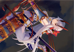Rule 34 | 1girl, absurdres, armor, arrow (projectile), bow, bow (weapon), breasts, fate/grand order, fate (series), hair ribbon, highres, holding, holding bow (weapon), holding weapon, horns, japanese armor, japanese clothes, katana, kuroshiro kanae, long hair, looking at viewer, oni horns, red eyes, ribbon, silver hair, solo, sword, tomoe gozen (fate), weapon, white legwear