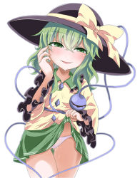 Rule 34 | 1girl, black hat, bow, clothes lift, collared shirt, cowboy shot, crossed bangs, drooling, frilled shirt collar, frills, gluteal fold, green eyes, green hair, green skirt, hair between eyes, hand up, hat, hat bow, heart, heart of string, highres, komeiji koishi, lifted by self, long hair, long sleeves, looking at viewer, miniskirt, mr.milk caramel, open mouth, panties, pussy juice, saliva, shirt, skirt, skirt lift, smile, solo, thigh gap, third eye, touhou, underwear, white panties, wide sleeves, yellow bow, yellow shirt