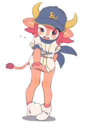 Rule 34 | 1girl, baseball cap, baseball jersey, blush, bottomless, buffalo bell, clothes writing, covering crotch, covering privates, gloves, hat, horns, jersey, mascot, nippon professional baseball, orix buffaloes, pink eyes, pink hair, red eyes, s.o chin, short hair, simple background, solo, tail, uneven eyes