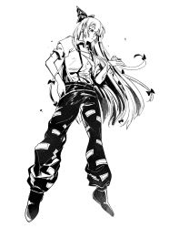 Rule 34 | 1girl, animal, baggy pants, bird, bow, burnt clothes, buttons, collared shirt, e (you33ou), fujiwara no mokou, hair bow, hand in pocket, highres, holding, holding animal, long hair, looking at another, looking down, monochrome, mouth hold, ofuda, ofuda on clothes, pants, pouty lips, shirt, shoes, short sleeves, sidelocks, simple background, solo, stalk in mouth, suspenders, touhou, very long hair, white background