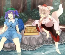 Rule 34 | 2girls, animal ears, bag, bare shoulders, barefoot, blue hair, blush, board game, breasts, detached sleeves, forest, game, hakama, hakama skirt, hat, highres, inubashiri momiji, japanese clothes, kawashiro nitori, key, multiple girls, nature, one eye closed, open mouth, pom pom (clothes), red eyes, rock, shogi, sitting, sitting on rock, skirt, soaking feet, tail, takenoko lv9, tokin hat, touhou, twintails, two side up, water, wolf ears, wolf tail