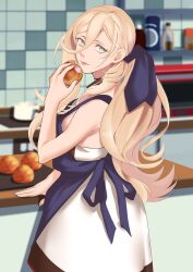 Rule 34 | 1girl, apron, blonde hair, blue apron, blue eyes, blue ribbon, bread, cowboy shot, dress, food, hair between eyes, hair ribbon, highres, kantai collection, kitchen, lips, long hair, looking at viewer, looking back, mole, mole under eye, mole under mouth, official alternate costume, ribbon, richelieu (kancolle), shingyou (alexander-13), solo, white dress