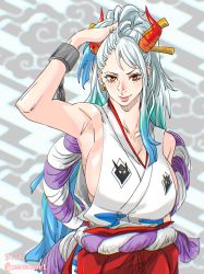 Rule 34 | 1girl, absurdres, arm at side, arm up, armpits, blue hair, breasts, chain, closed mouth, collarbone, cuffs, curled horns, earrings, green hair, hair lift, hair ornament, hair stick, hakama, highres, horns, huge breasts, japanese clothes, jewelry, kimono, lips, long hair, looking at viewer, mattsun (lyohei), multicolored hair, multicolored horns, one piece, oni, orange eyes, orange horns, red horns, rope, shackles, shimenawa, sideboob, sleeveless, sleeveless kimono, smile, solo, unaligned breasts, upper body, very long hair, white hair, yamato (one piece)