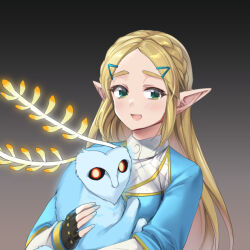 Rule 34 | 1girl, animal, blonde hair, blupee, braid, breasts, commentary request, crown braid, fingerless gloves, gloves, green eyes, greyscale, hair ornament, hairclip, holding, holding animal, long hair, monbetsu kuniharu, monochrome, nintendo, pointy ears, princess zelda, small breasts, solo, the legend of zelda, the legend of zelda: breath of the wild, upper body