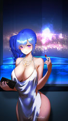 Rule 34 | 1girl, absurdres, azur lane, backless dress, backless outfit, bag, bare shoulders, blue hair, blue nails, blush, breasts, cleavage, cosmetics, dress, earrings, evening gown, hair between eyes, hair ornament, hairclip, halter dress, halterneck, handbag, highres, holding, holding bag, holding lipstick tube, jewelry, lao fashi rmi, large breasts, lipstick tube, looking at viewer, nail polish, necklace, official alternate costume, plunging neckline, purple eyes, red lips, lipstick tube, revealing clothes, side ponytail, sidelocks, signature, silver dress, smile, solo, st. louis (azur lane), st. louis (luxurious wheels) (azur lane)