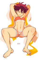 Rule 34 | 1girl, abs, armpits, arms behind head, arms up, bad id, bad tumblr id, barefoot, black hair, boxers, boyshort panties, boyshorts, bra, breasts, brekkist, choker, feet, female focus, highres, invisible chair, makoto (street fighter), male underwear, messy hair, navel, one eye closed, red bra, ribbon choker, scarf, short hair, simple background, sitting, small breasts, soles, solo, sports bra, spread legs, squatting, stomach, strapless, strapless bra, street fighter, toes, tomboy, toned, underwear, underwear only, undressing