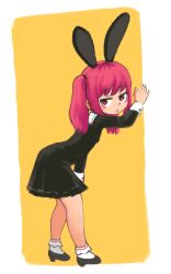 Rule 34 | 1girl, bare legs, bent over, black dress, black footwear, child, closed mouth, dress, female focus, flat chest, frilled socks, frills, full body, hair tie, heels, highres, leaning forward, long sleeves, looking at viewer, mary janes, original, pink eyes, pink hair, qtkat, rabbit ears, shoes, sidelocks, socks, solo, standing, twintails, white socks
