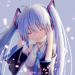 Rule 34 | 1girl, bad id, bad pixiv id, blue hair, detached sleeves, closed eyes, hatsune miku, long hair, mimengfeixue, necktie, simple background, smile, solo, twintails, vocaloid