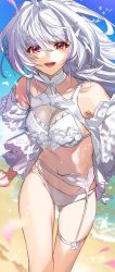 Rule 34 | 1girl, :d, beach, bikini, collarbone, commentary request, fate/grand order, fate (series), garter belt, hair intakes, highres, lady avalon (fate), lady avalon (second ascension) (fate), long hair, looking at viewer, merlin (fate/prototype), n-bata, navel, open mouth, outdoors, petals, red eyes, skindentation, smile, solo, swimsuit, water, white bikini, white hair