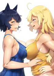 Rule 34 | 2girls, absurdres, ahoge, animal ears, bare shoulders, blake belladonna, blonde hair, blue dress, blue hair, blush, breast press, breasts, cat ears, dress, from side, highres, large breasts, long hair, looking at another, looking away, looking to the side, lulu-chan92, multiple girls, open mouth, purple eyes, rwby, short hair, sideboob, sweat, symmetrical docking, tank top, yang xiao long, yellow eyes, yellow tank top