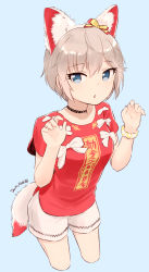 Rule 34 | 1girl, alternate costume, anastasia (idolmaster), animal ears, black choker, blue background, blue eyes, bow, bracelet, chestnut mouth, choker, claw pose, clothes writing, cropped legs, dated, dot nose, eyes visible through hair, fake animal ears, fake tail, fox ears, fox tail, hair between eyes, hair bow, hairband, highres, idolmaster, idolmaster cinderella girls, jewelry, looking at viewer, nagian, open mouth, red shirt, shirt, short hair, shorts, silver hair, simple background, solo, t-shirt, tail, tsurime, white bow, white shorts, yellow bow