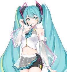 Rule 34 | 1girl, alternate costume, aqua eyes, aqua hair, aqua necktie, arm up, bare shoulders, black shorts, cowboy shot, detached sleeves, drawing kanon, expressionless, hatsune miku, headset, highres, long hair, midriff, navel, necktie, parted lips, see-through, shorts, shoulder tattoo, solo, tattoo, twintails, very long hair, vocaloid, white background, zipper