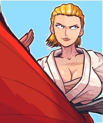 Rule 34 | 1girl, blonde hair, blue background, blue eyes, breasts, cleavage, genderswap, lady geese howard, large breasts, plow (witch parfait), snk, solo, sweat, sweatdrop, the king of fighters