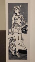 Rule 34 | ..., 1girl, absurdres, belt, breasts, car, comic panel redraw, commentary, derivative work, english commentary, fat thor, frown, greyscale, highres, initial d, ink (medium), iwase kyouko, looking to the side, mazda, mazda rx-7, mazda rx-7 fd, medium breasts, medium hair, monochrome, motor vehicle, official style, photo (medium), shoes, skirt, sneakers, spoiler (automobile), sports car, traditional media, v-shaped eyebrows, walking