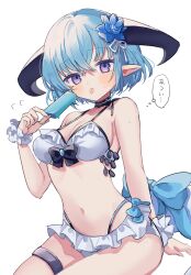 1girl absurdres arm_support armpits bare_shoulders bikini black_collar black_horns blue_bow blue_flower blue_hair blue_tail blush bow breasts cleavage collar commentary_request curvy dragon_girl dragon_horns dragon_tail flower food frilled_bikini frills hair_between_eyes hair_flower hair_ornament hair_ribbon highres holding holding_food holding_popsicle horns karunabaru large_breasts looking_at_viewer melting navel open_mouth pointy_ears popsicle purple_eyes ribbon shadowverse short_hair simple_background sitting solo speech_bubble swimsuit tail tail_bow tail_ornament thigh_strap tongue tongue_out translation_request white_background white_bikini white_ribbon whitefrost_dragonewt_filene