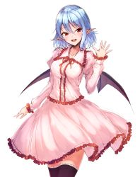 Rule 34 | 1girl, :d, bat wings, black thighhighs, blue hair, blush, breasts, center frills, commentary, cowboy shot, dress, frilled shirt collar, frills, hair between eyes, hand up, highres, juliet sleeves, junior27016, long sleeves, looking at viewer, medium breasts, no headwear, open mouth, pink dress, pointy ears, puffy sleeves, red eyes, remilia scarlet, short hair, simple background, smile, solo, standing, thighhighs, touhou, white background, wings, zettai ryouiki